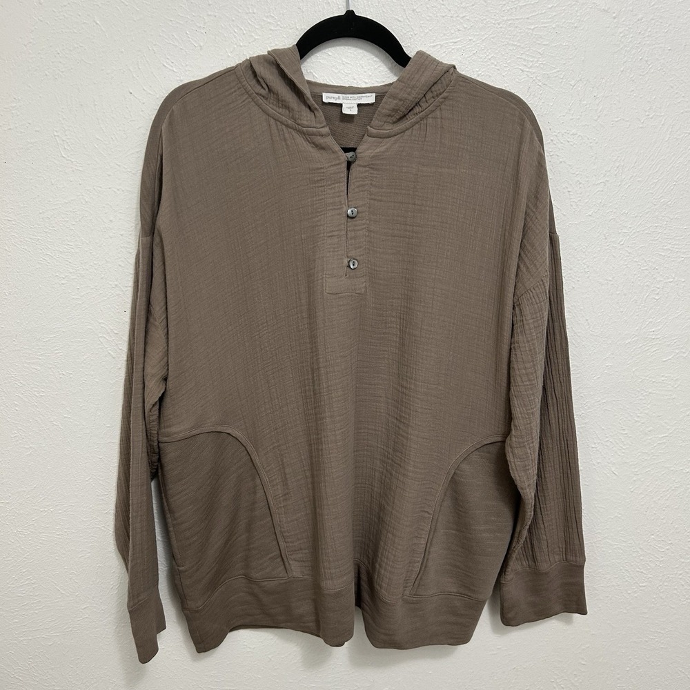 Pure Jill 100% Organic Cotton Gauze French Terry Taupe Hoodie Women's Sz L Cozy